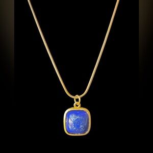 Sleek Cabochon Lapis Lazuli Square Pendant w/ Smooth Snake Chain Necklace